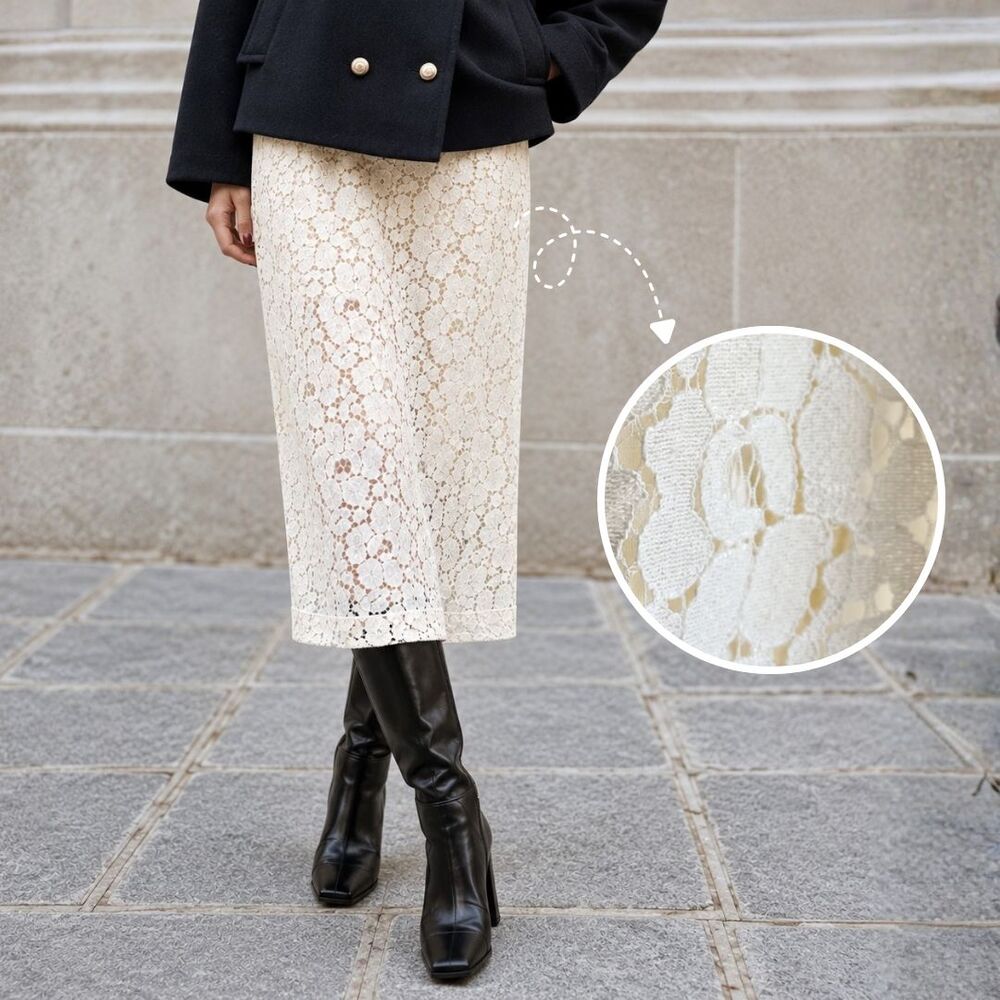 Old Navy Lace Midi Skirt Womens M Ivory Floral Straight Lined Elastic Waist